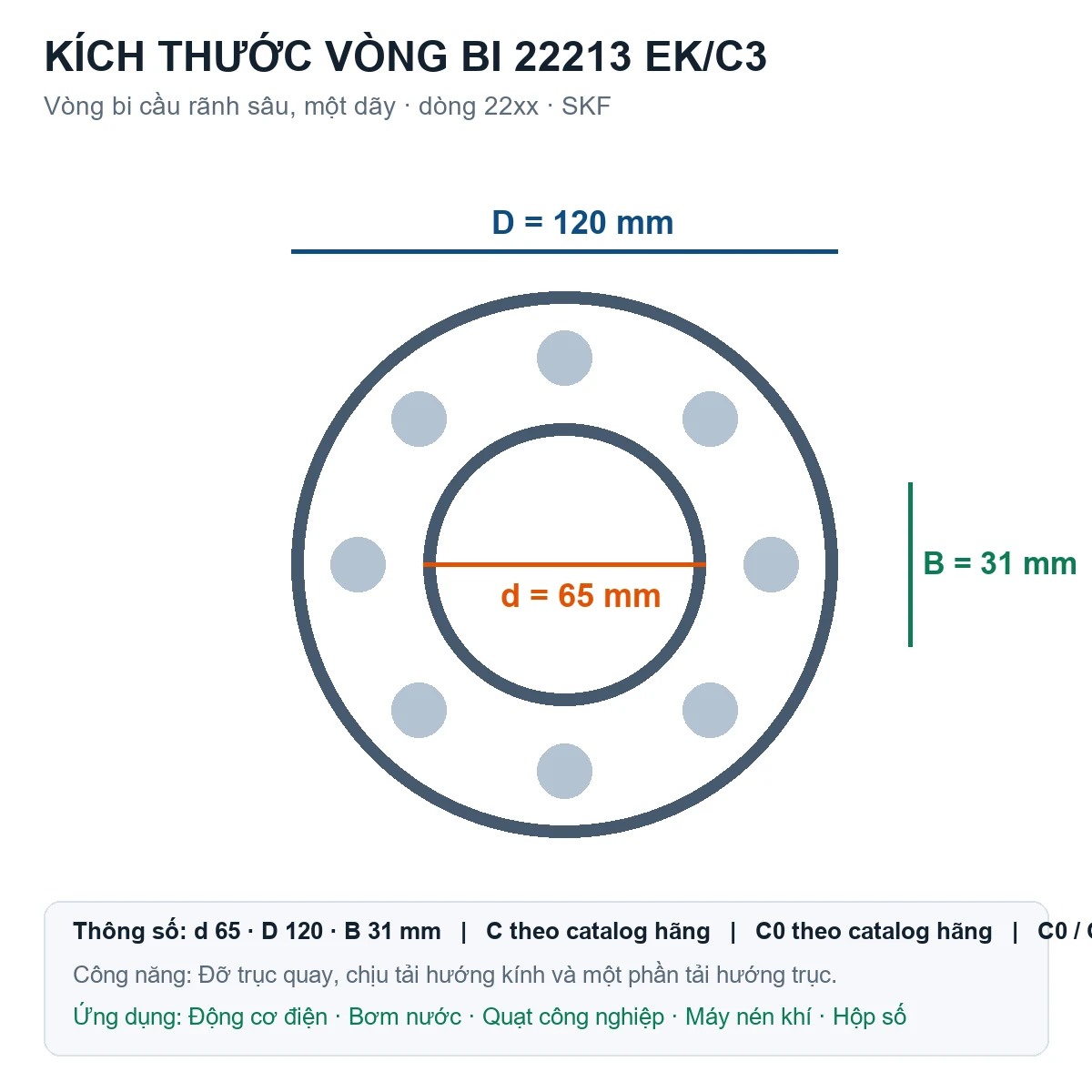 Vòng bi SKF 22213 EK/C3 65x120x31mm — Bản vẽ kích thước (Google Images)