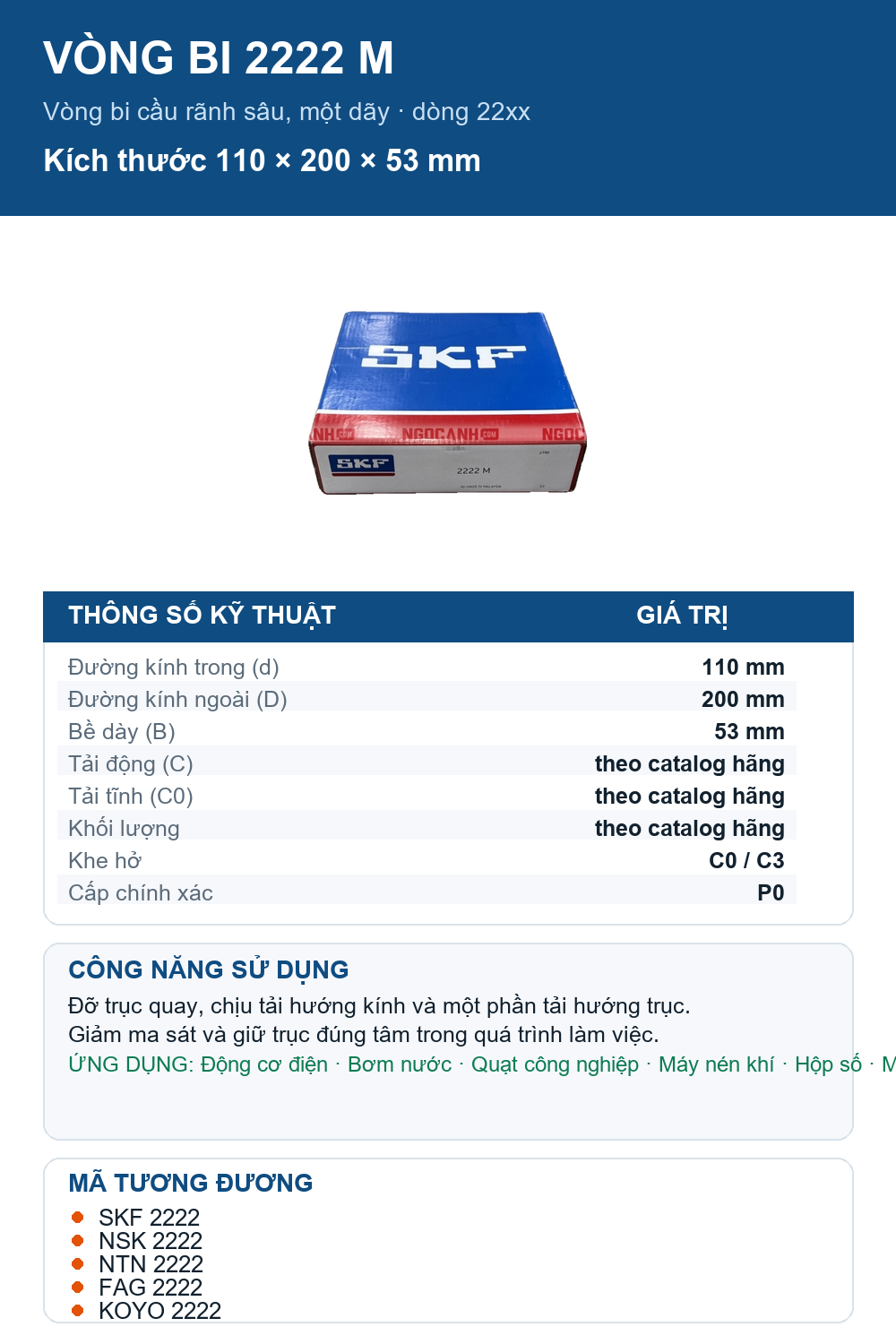 Vòng bi SKF 2222 M 110x200x53mm — Ảnh thông số (Pinterest)