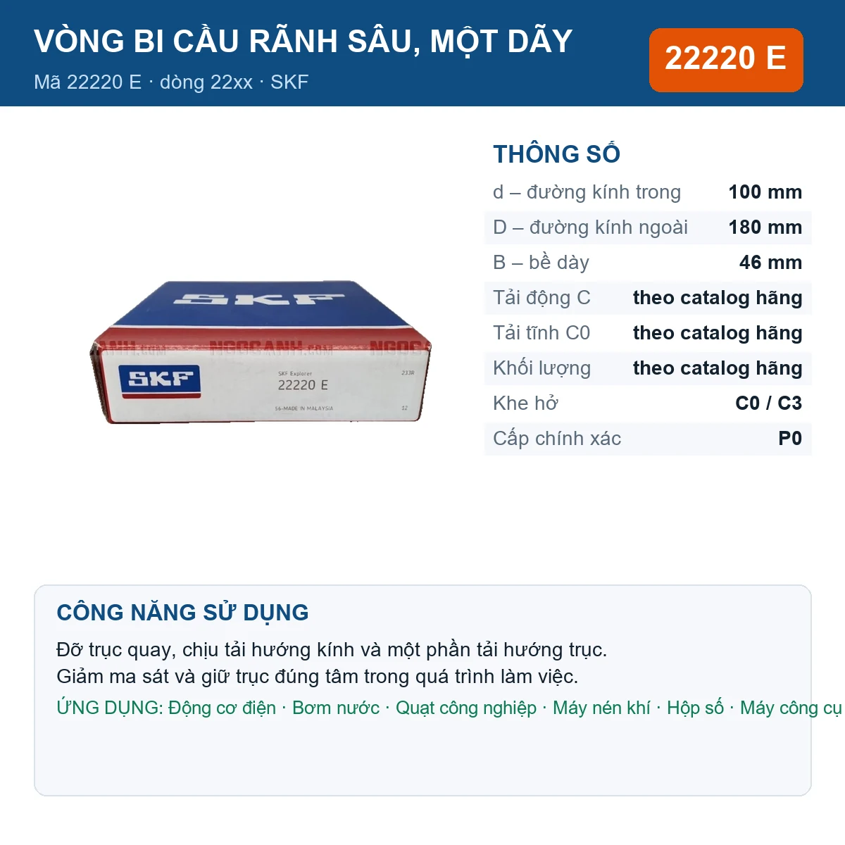 Vòng bi SKF 22220 E — kích thước 100x180x46mm