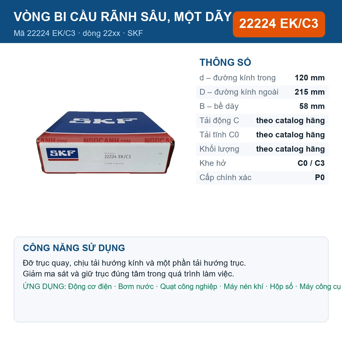 Vòng bi SKF 22224 EK/C3 — kích thước 120x215x58mm