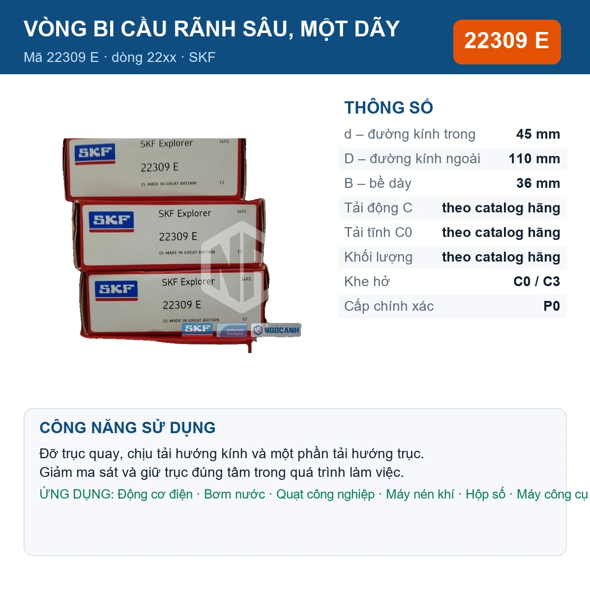 Vòng bi SKF 22309 E — kích thước 45x110x36mm