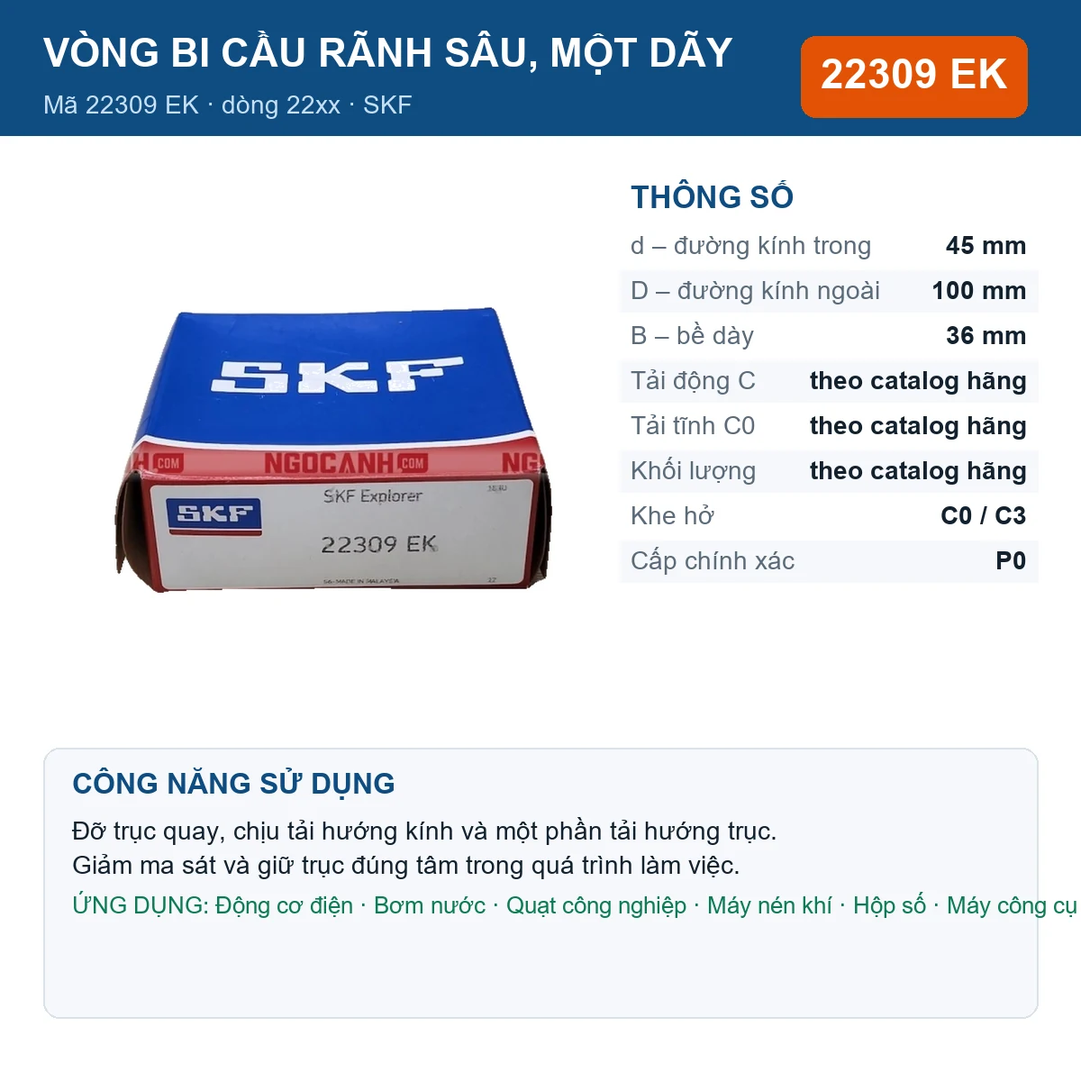 Vòng bi SKF 22309 EK — kích thước 45x100x36mm