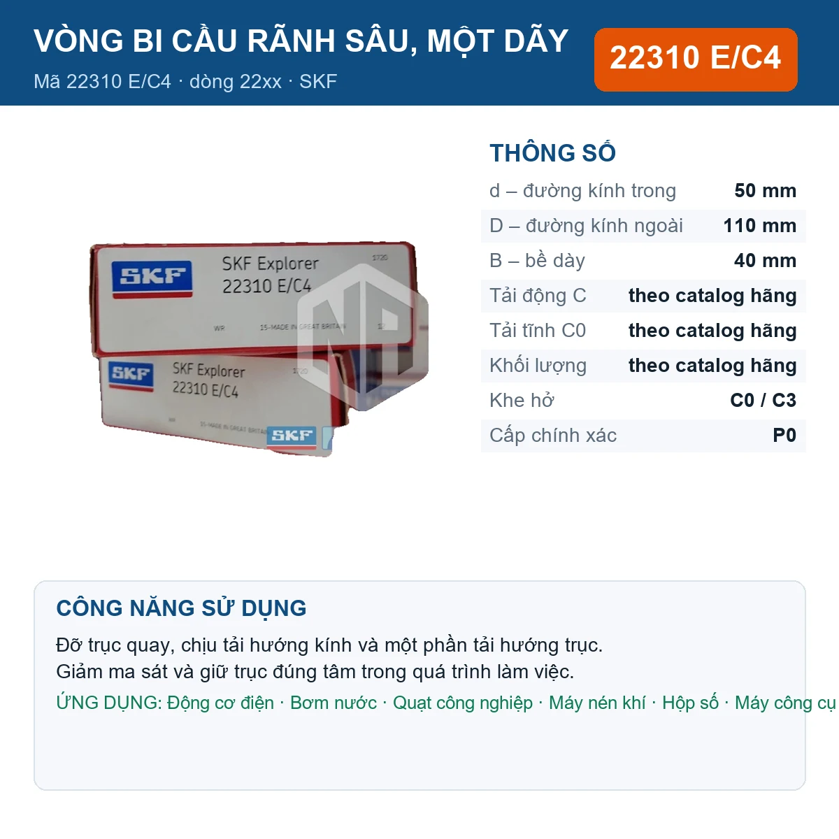 Vòng bi SKF 22310 E/C4 — kích thước 50x110x40mm