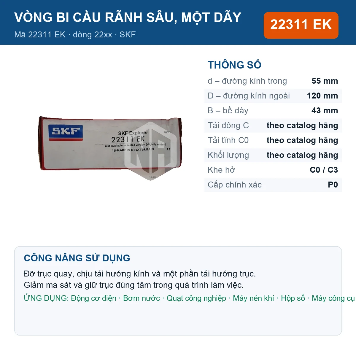 Vòng bi SKF 22311 EK — kích thước 55x120x43mm