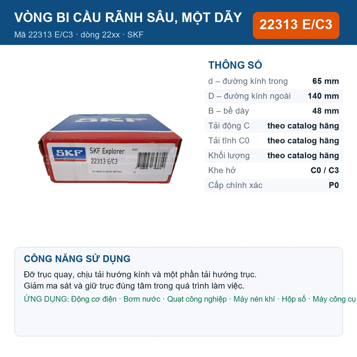 Vòng bi SKF 22313 E/C3 — kích thước 65x140x48mm