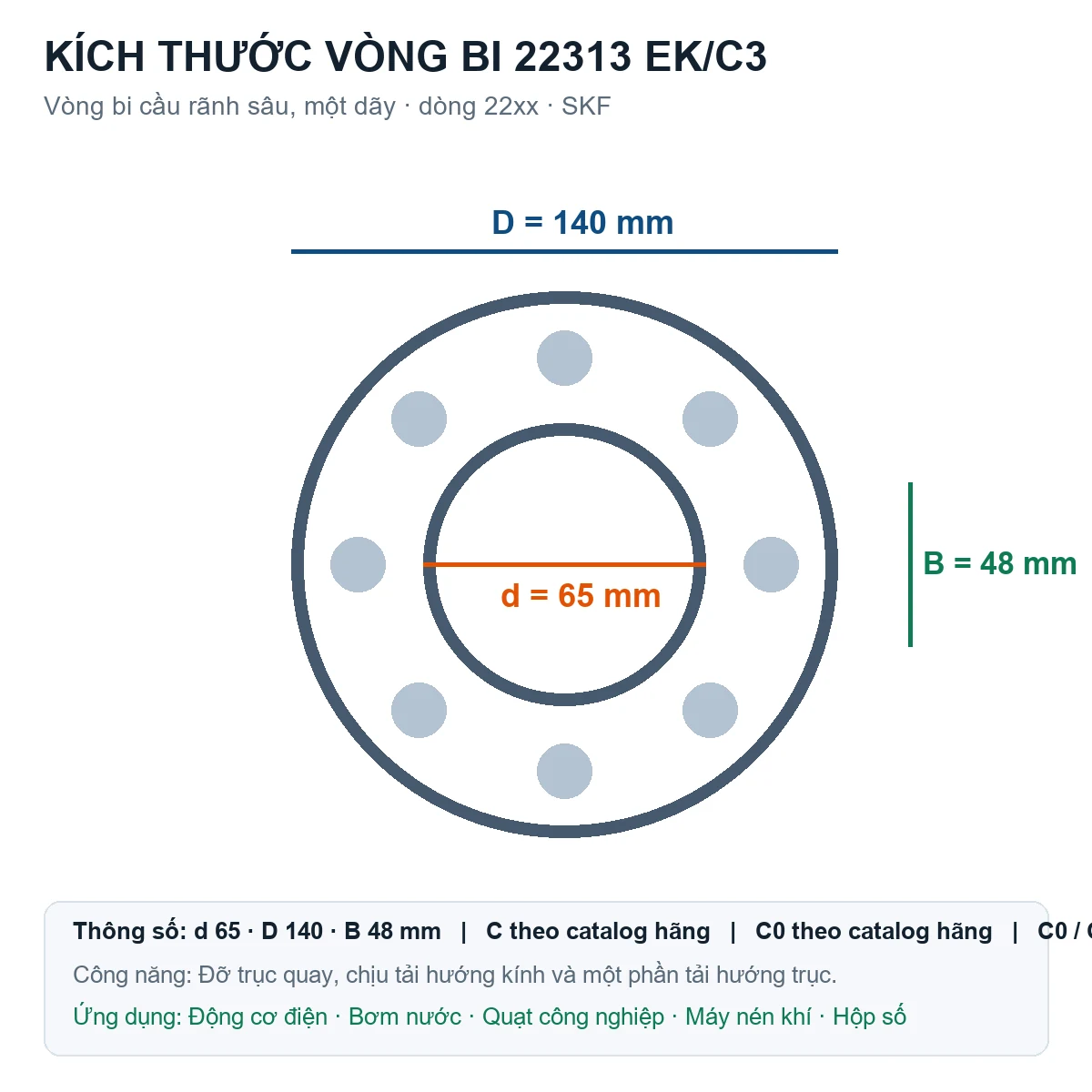Vòng bi SKF 22313 EK/C3 65x140x48mm — Bản vẽ kích thước (Google Images)