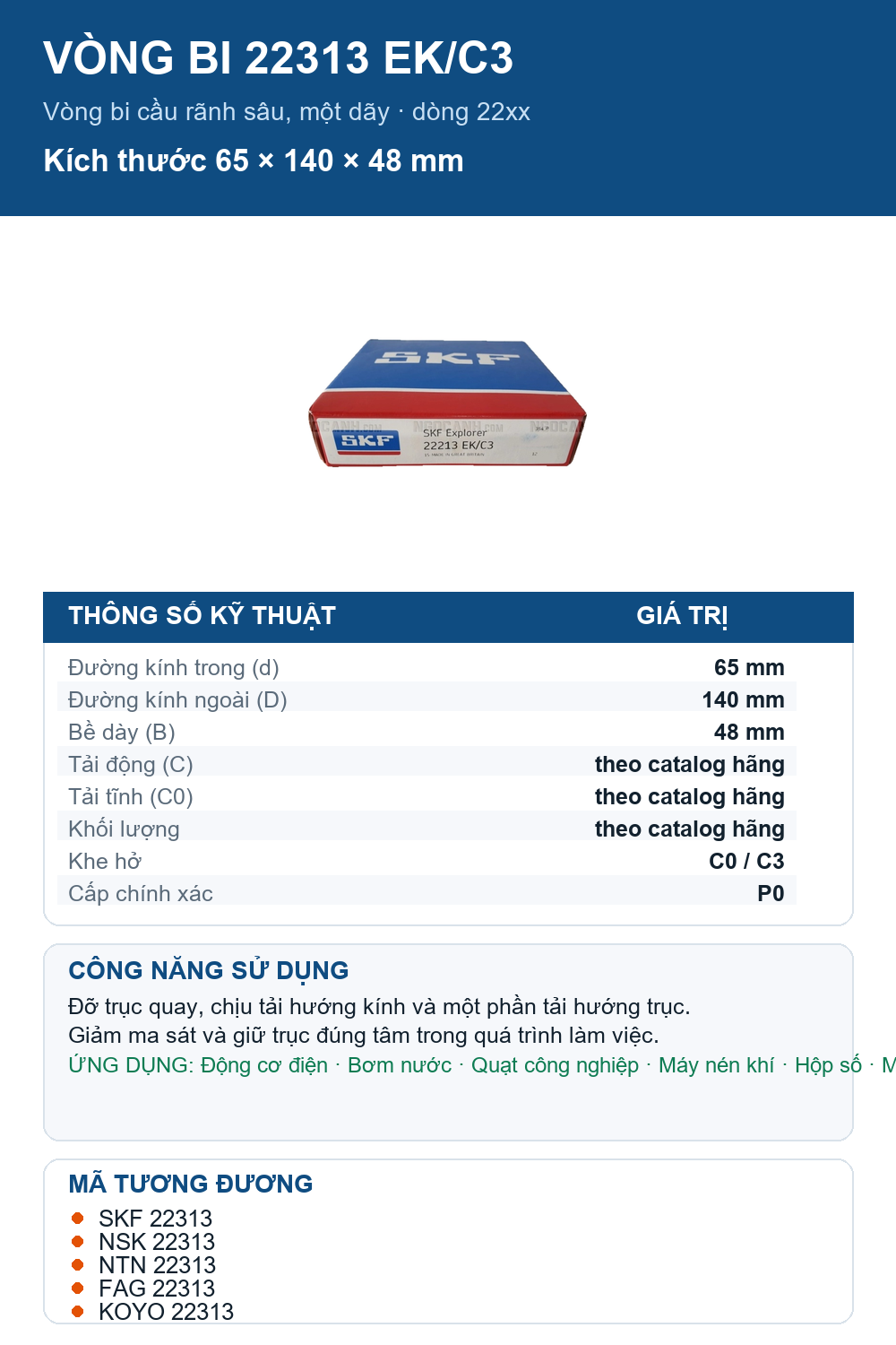 Vòng bi SKF 22313 EK/C3 65x140x48mm — Ảnh thông số (Pinterest)