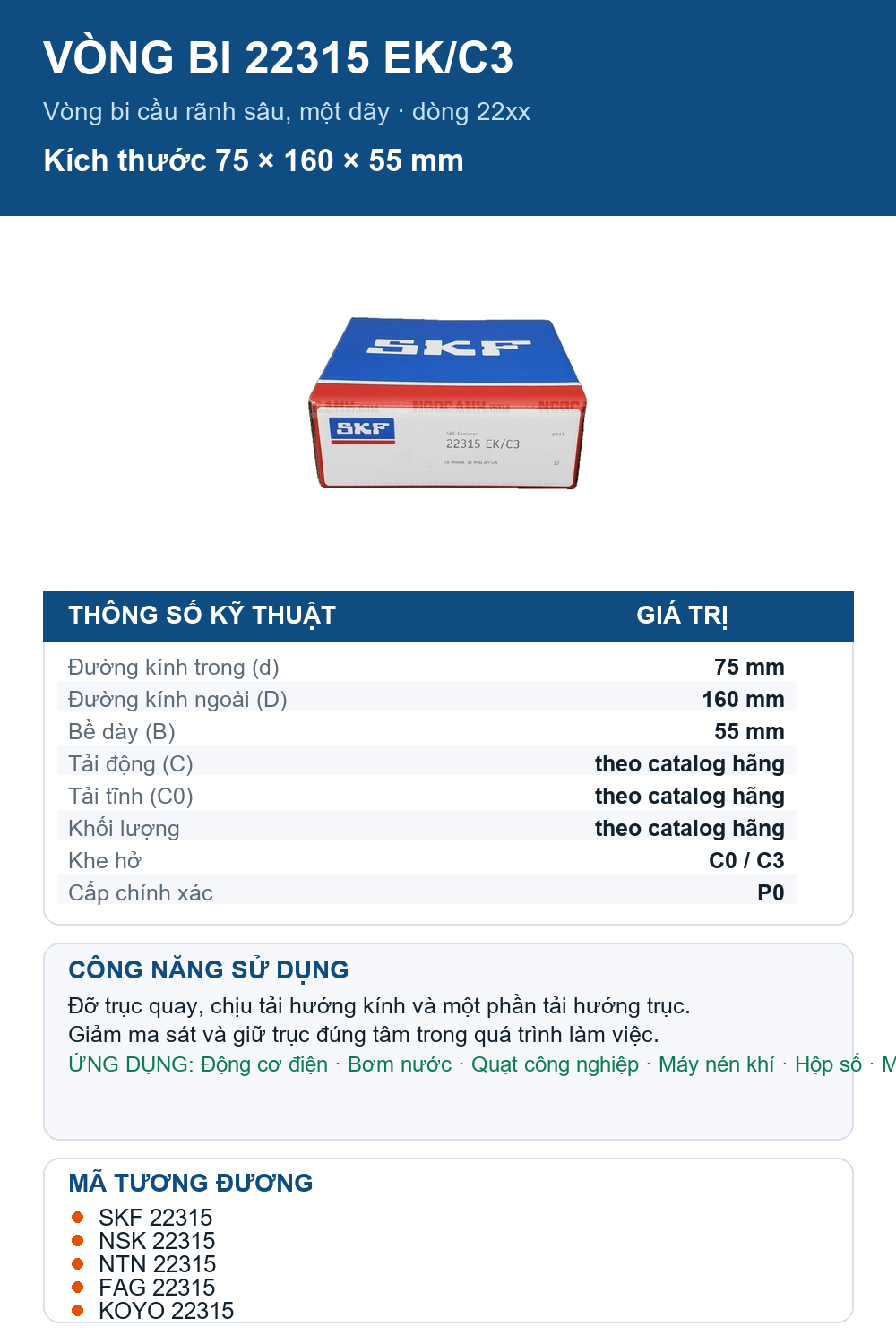 Vòng bi SKF 22315 EK/C3 75x160x55mm — Ảnh thông số (Pinterest)