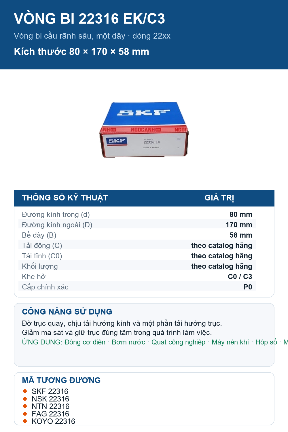 Vòng bi SKF 22316 EK/C3 80x170x58mm — Ảnh thông số (Pinterest)