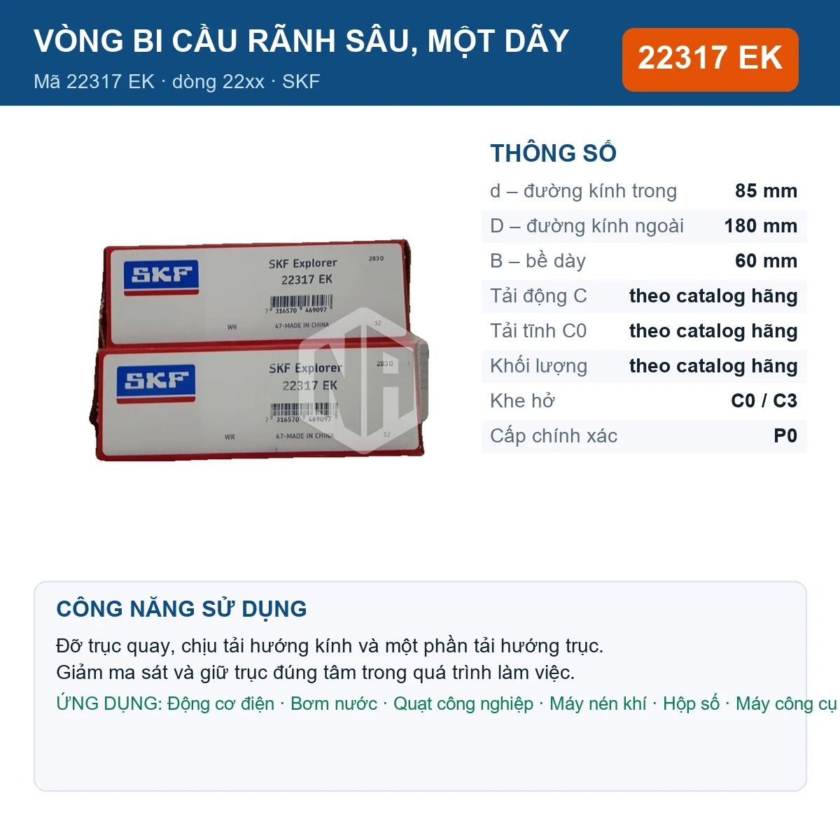 Vòng bi SKF 22317 EK — kích thước 85x180x60mm