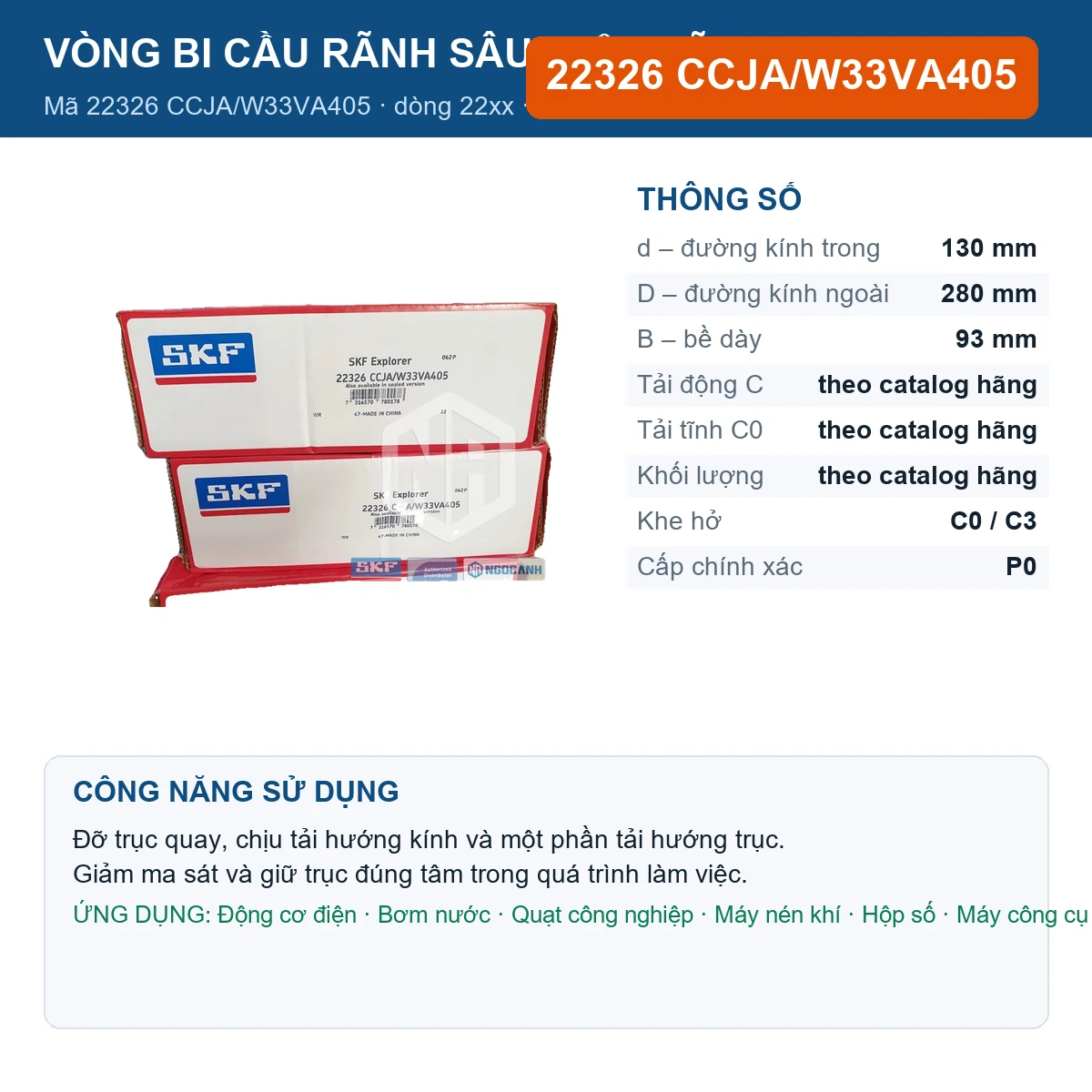 Vòng bi SKF 22326 CCJA/W33VA405 — kích thước 130x280x93mm