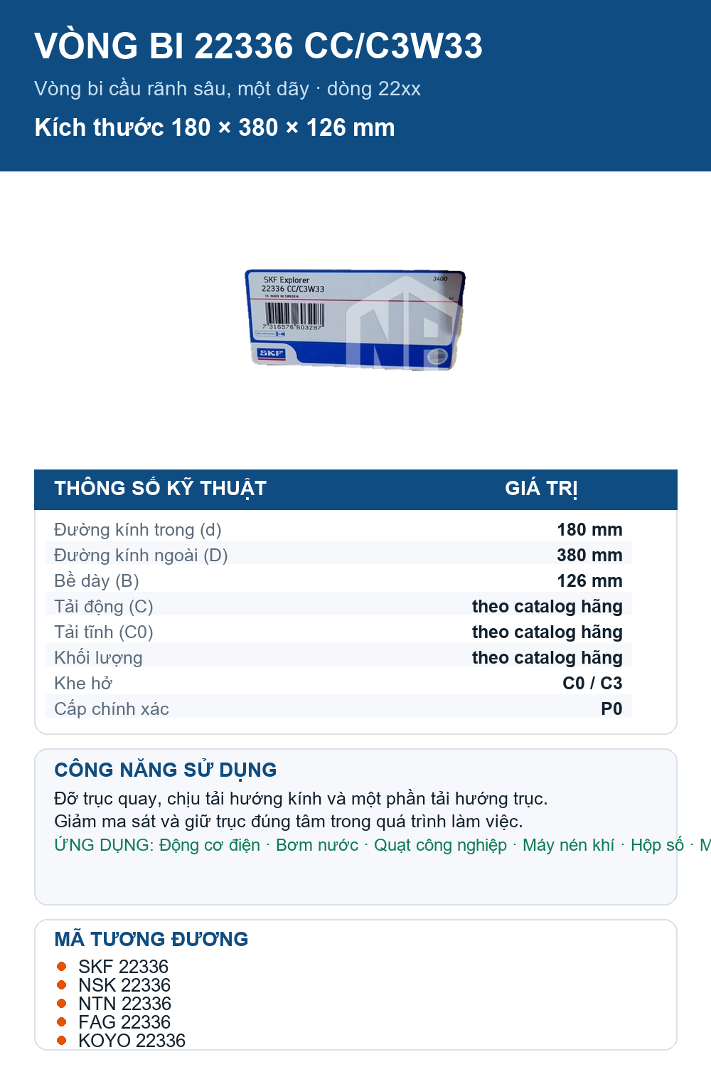 Vòng bi SKF 22336 CC/C3W33 180x380x126mm — Ảnh thông số (Pinterest)