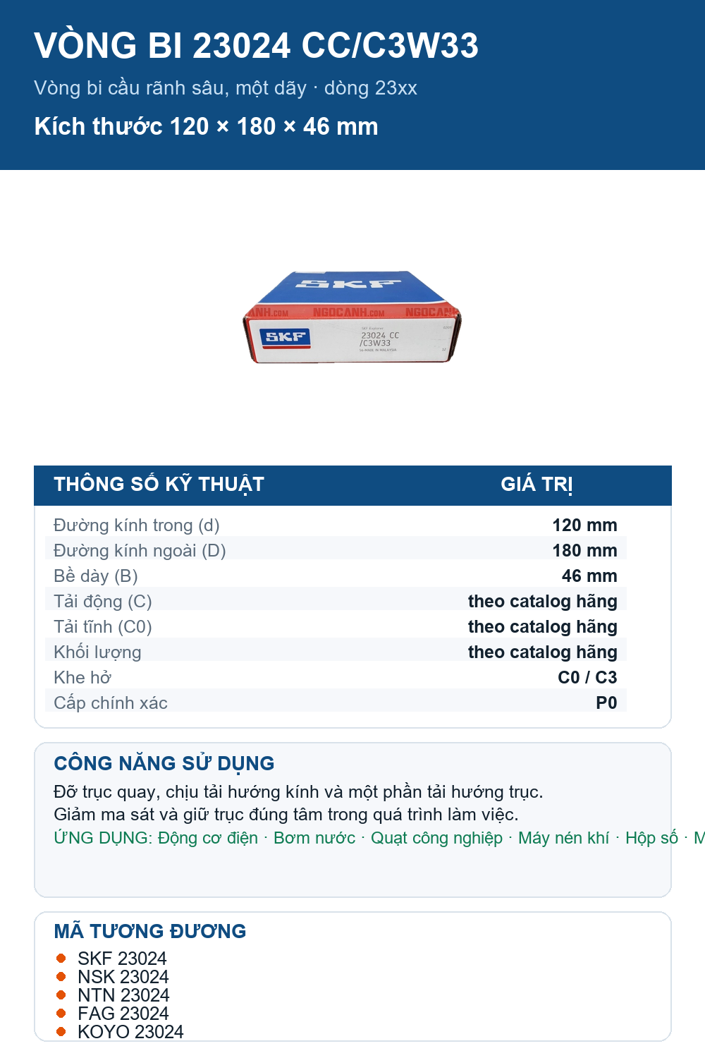Vòng bi SKF 23024 CC/C3W33 120x180x46mm — Ảnh thông số (Pinterest)