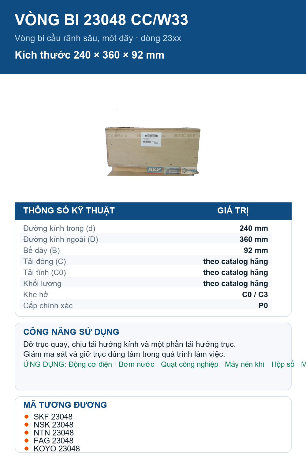 Vòng bi SKF 23048 CC/W33 240x360x92mm — Ảnh thông số (Pinterest)