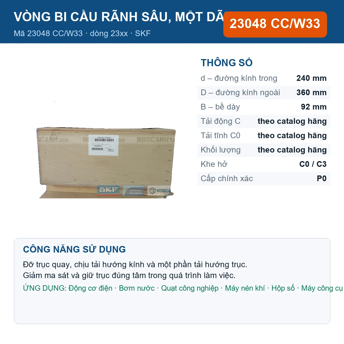 Vòng bi SKF 23048 CC/W33 — kích thước 240x360x92mm