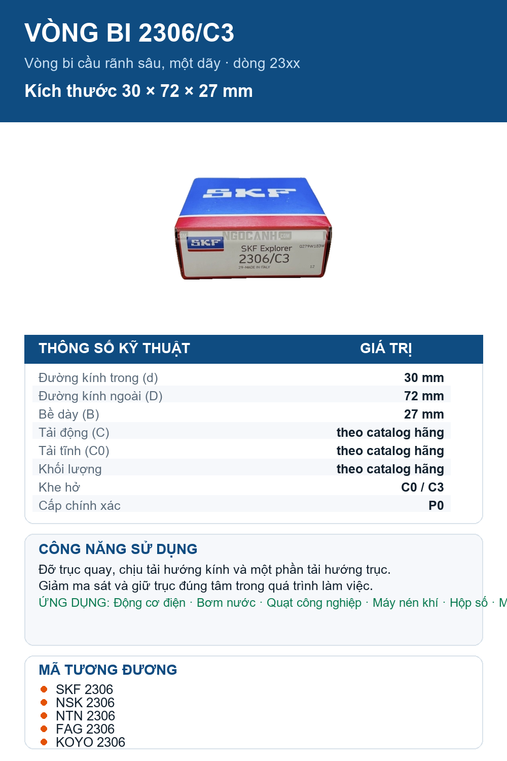 Vòng bi SKF 2306/C3 30x72x27mm — Ảnh thông số (Pinterest)