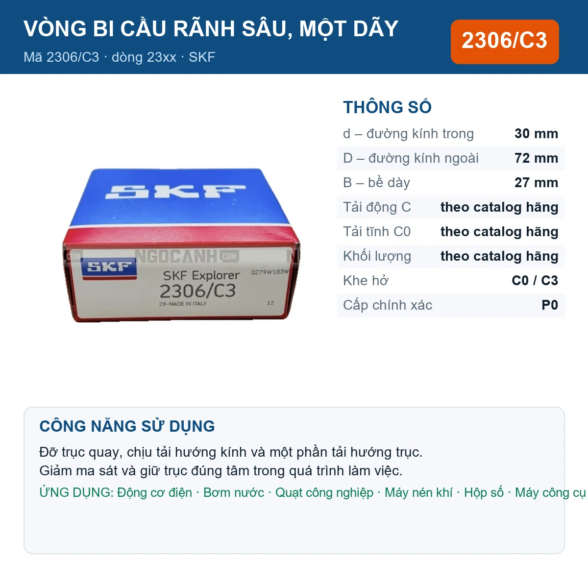 Vòng bi SKF 2306/C3 — kích thước 30x72x27mm