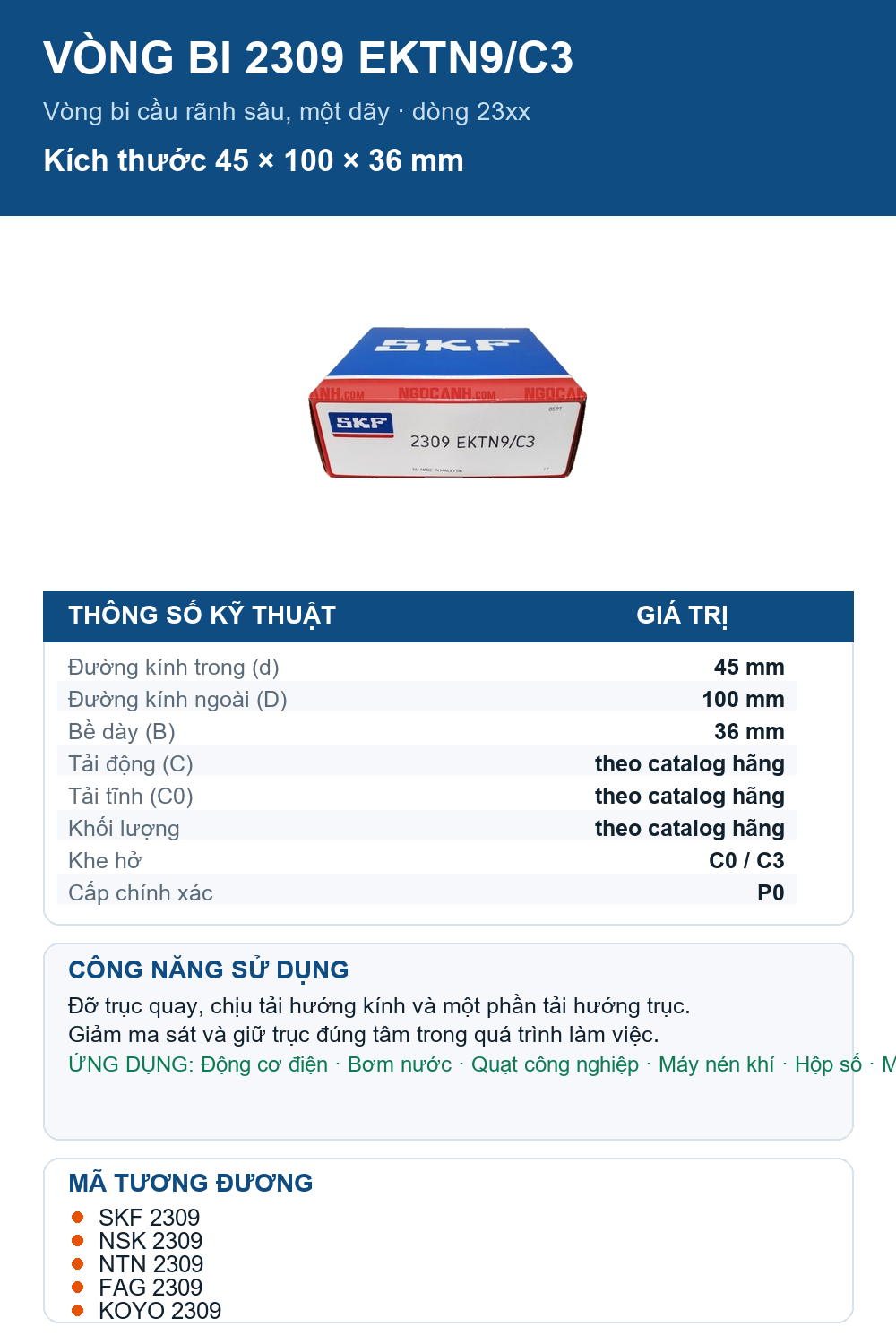 Vòng bi SKF 2309 EKTN9/C3 45x100x36mm — Ảnh thông số (Pinterest)