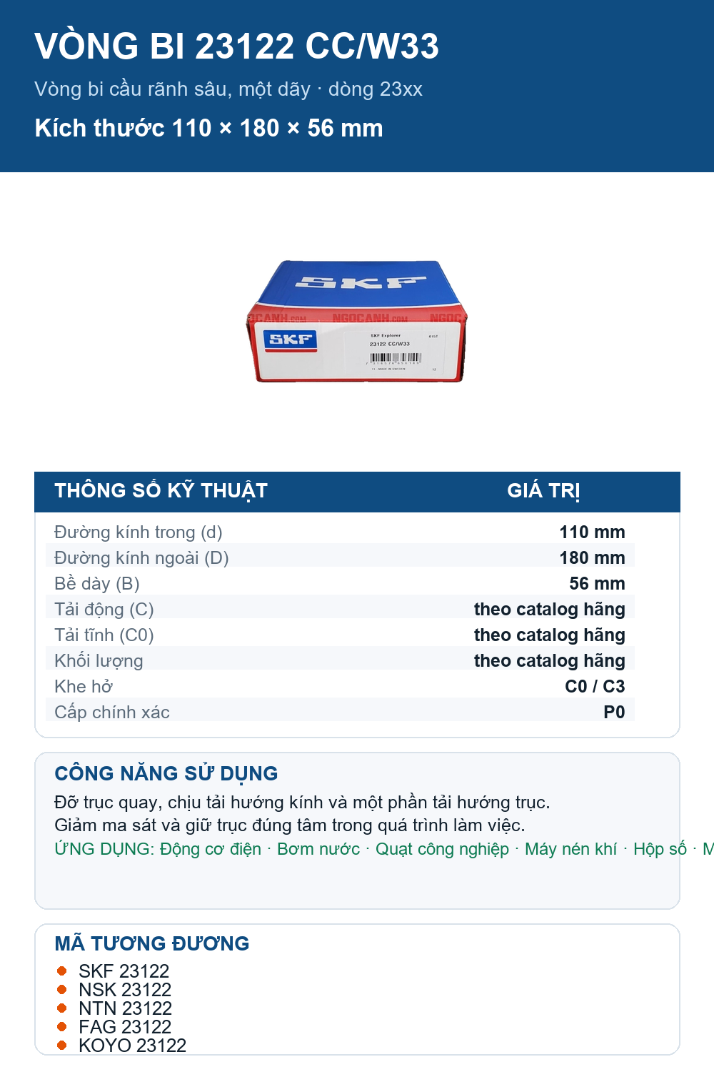 Vòng bi SKF 23122 CC/W33 110x180x56mm — Ảnh thông số (Pinterest)