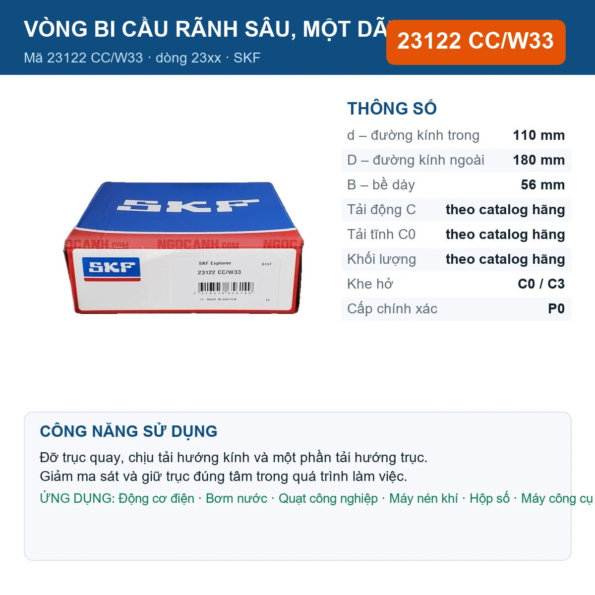 Vòng bi SKF 23122 CC/W33 — kích thước 110x180x56mm