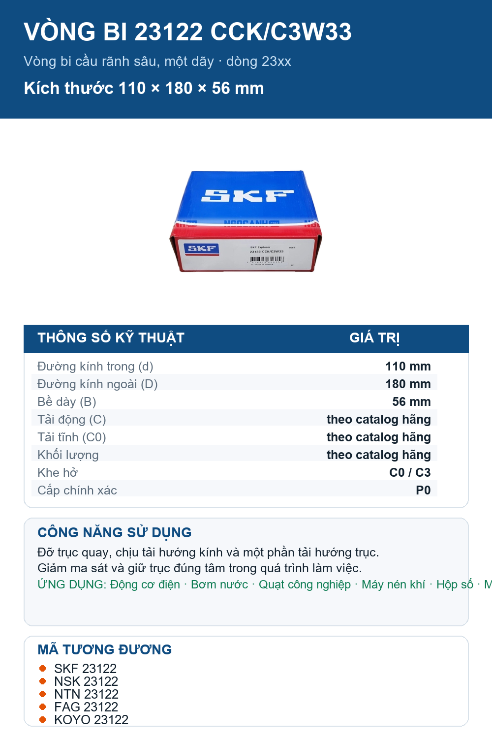 Vòng bi SKF 23122 CCK/C3W33 110x180x56mm — Ảnh thông số (Pinterest)