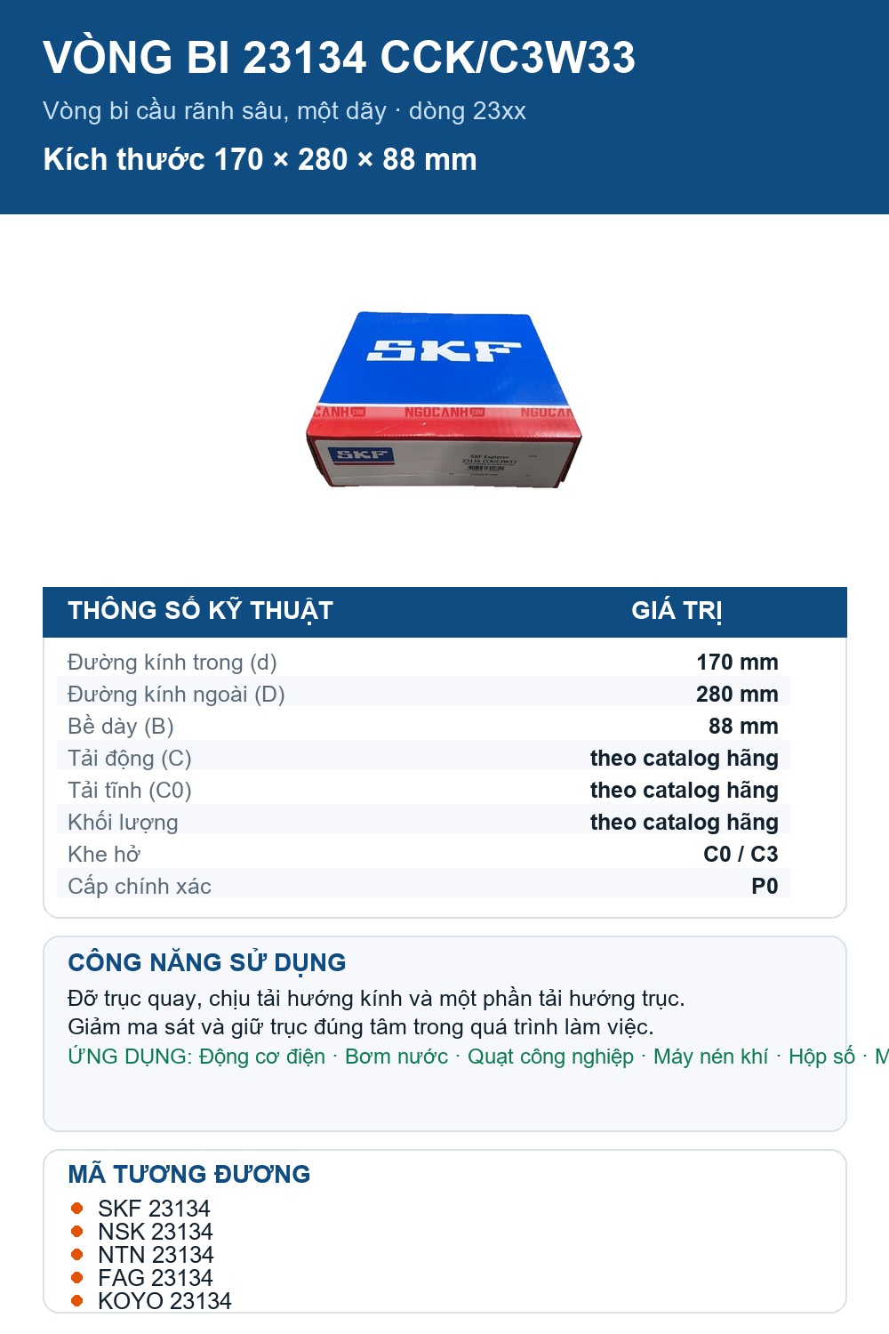 Vòng bi SKF 23134 CCK/C3W33 170x280x88mm — Ảnh thông số (Pinterest)