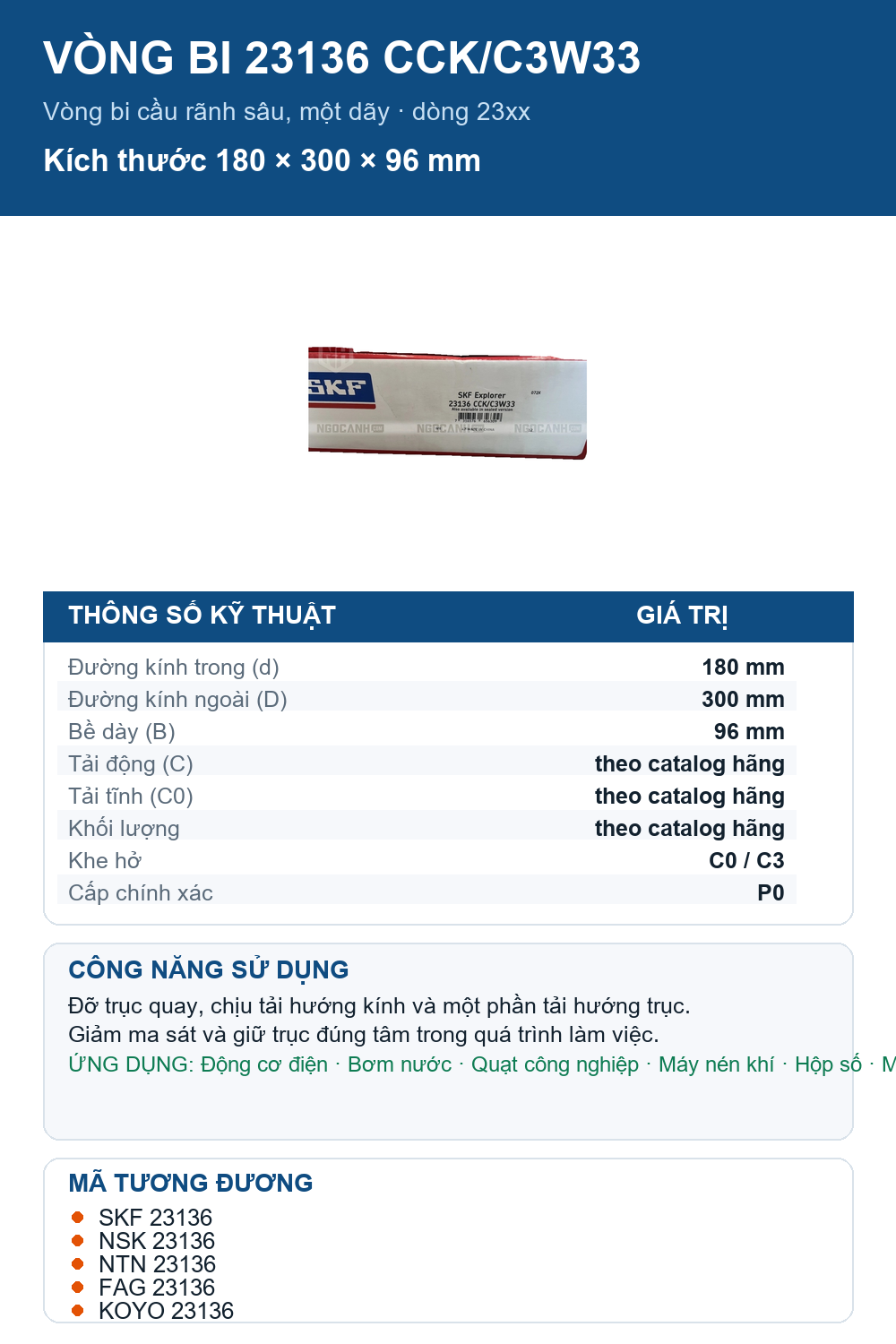 Vòng bi SKF 23136 CCK/C3W33 180x300x96mm — Ảnh thông số (Pinterest)