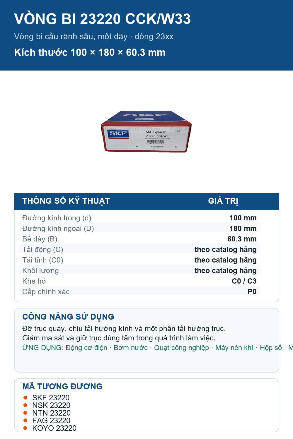 Vòng bi SKF 23220 CCK/W33 100x180x60.3mm — Ảnh thông số (Pinterest)