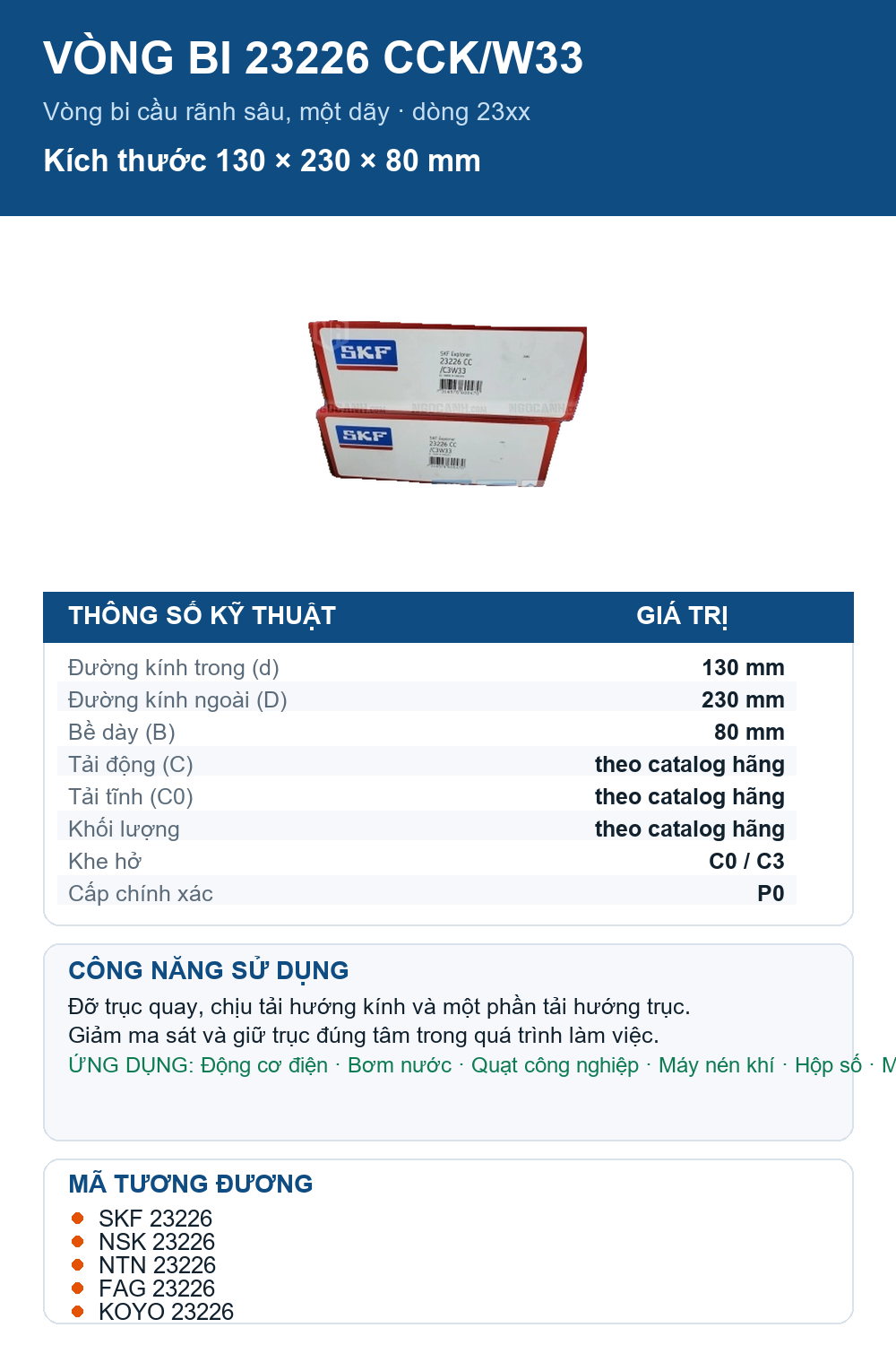 Vòng bi SKF 23226 CCK/W33 130x230x80mm — Ảnh thông số (Pinterest)