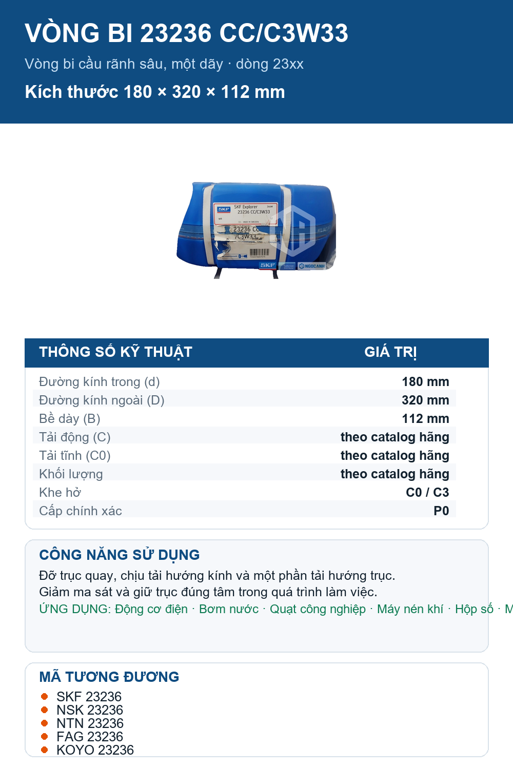 Vòng bi SKF 23236 CC/C3W33 180x320x112mm — Ảnh thông số (Pinterest)