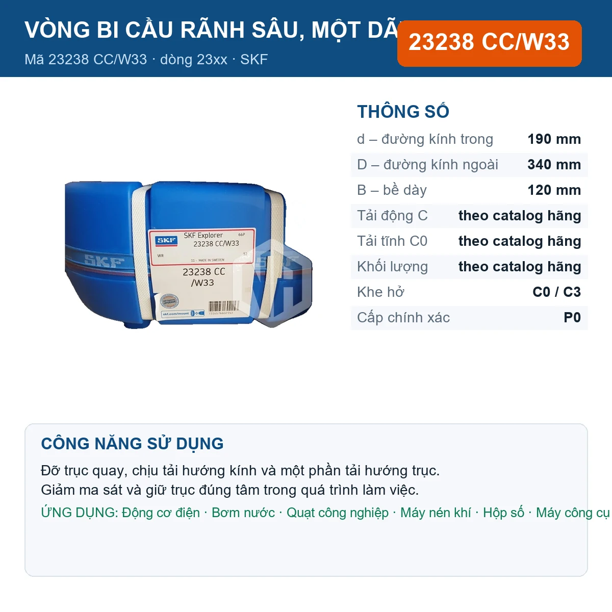 Vòng bi SKF 23238 CC/W33 — kích thước 190x340x120mm