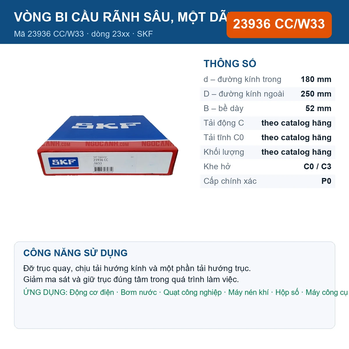 Vòng bi SKF 23936 CC/W33 180x250x52mm — Ảnh đăng sản phẩm (web)