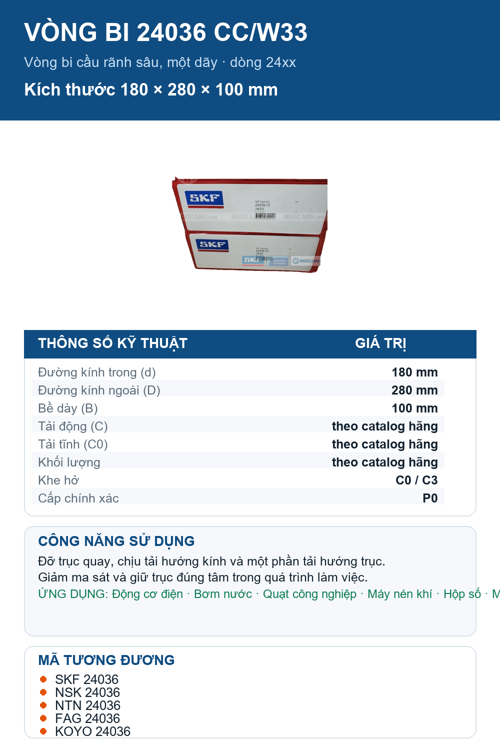 Vòng bi SKF 24036 CC/W33 180x280x100mm — Ảnh thông số (Pinterest)