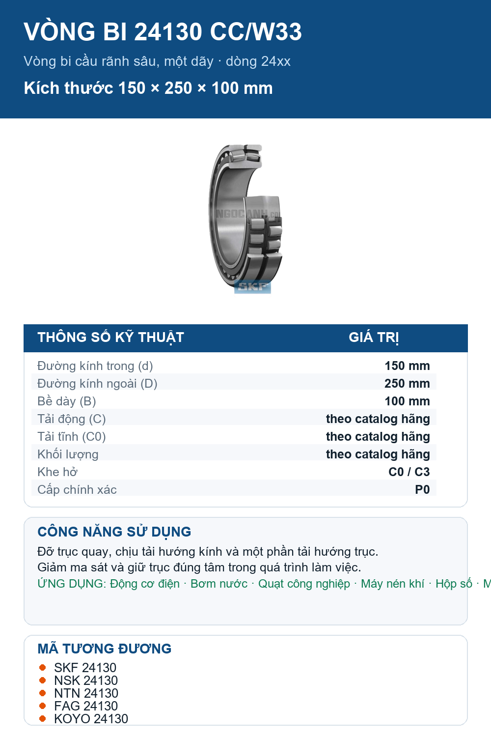 Vòng bi SKF 24130 CC/W33 150x250x100mm — Ảnh thông số (Pinterest)