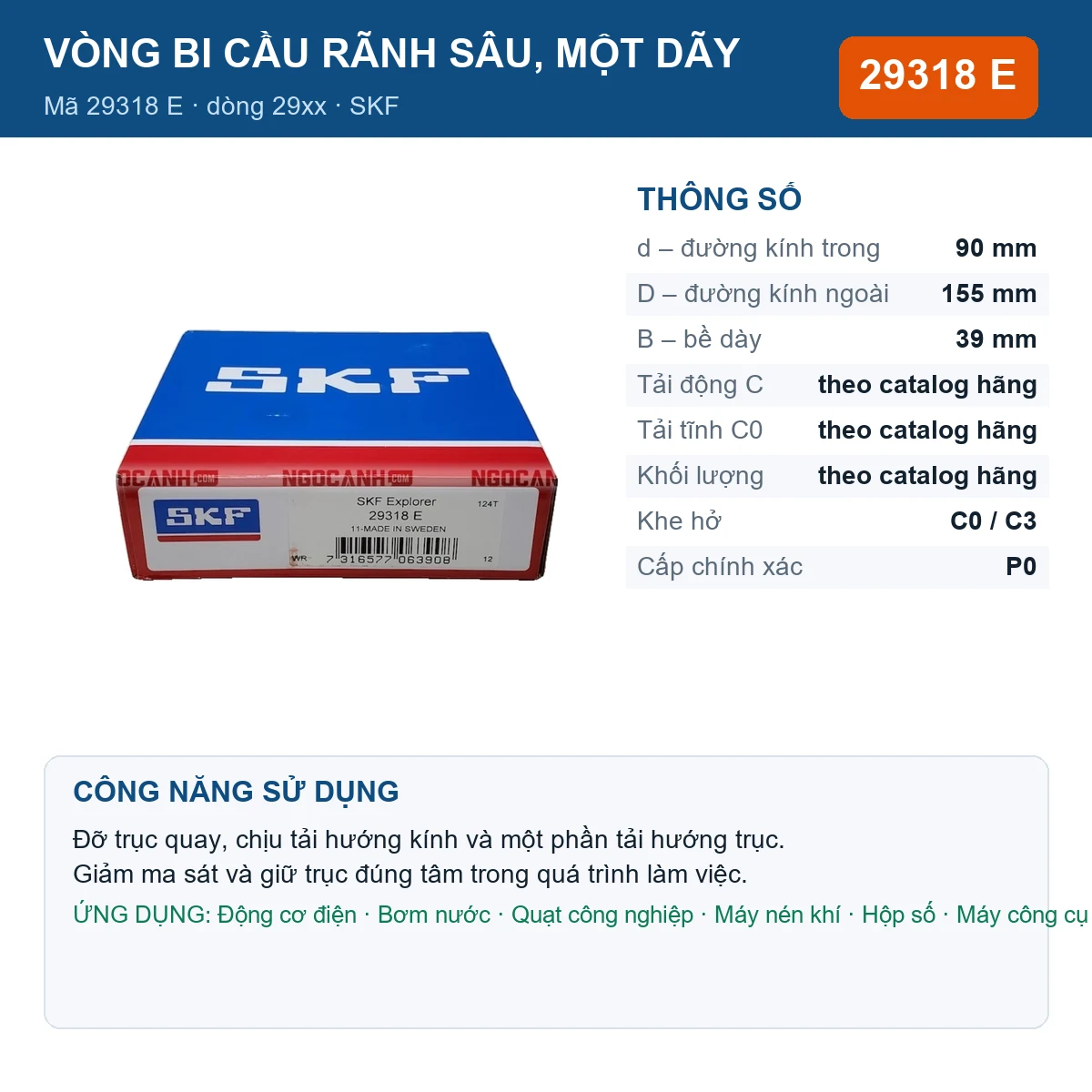 Vòng bi SKF 29318 E 90x155x39mm — Ảnh đăng sản phẩm (web)