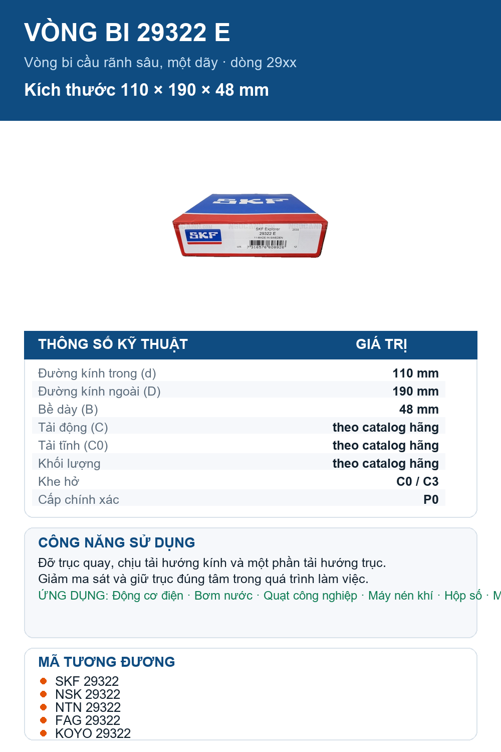 Vòng bi SKF 29322 E 110x190x48mm — Ảnh thông số (Pinterest)