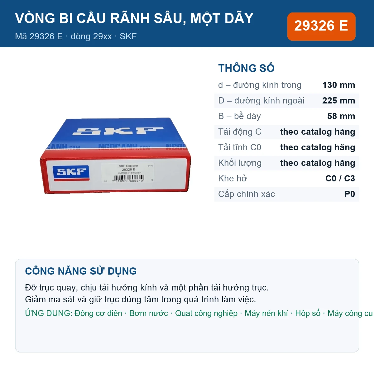 Vòng bi SKF 29326 E 130x225x58mm — Ảnh đăng sản phẩm (web)