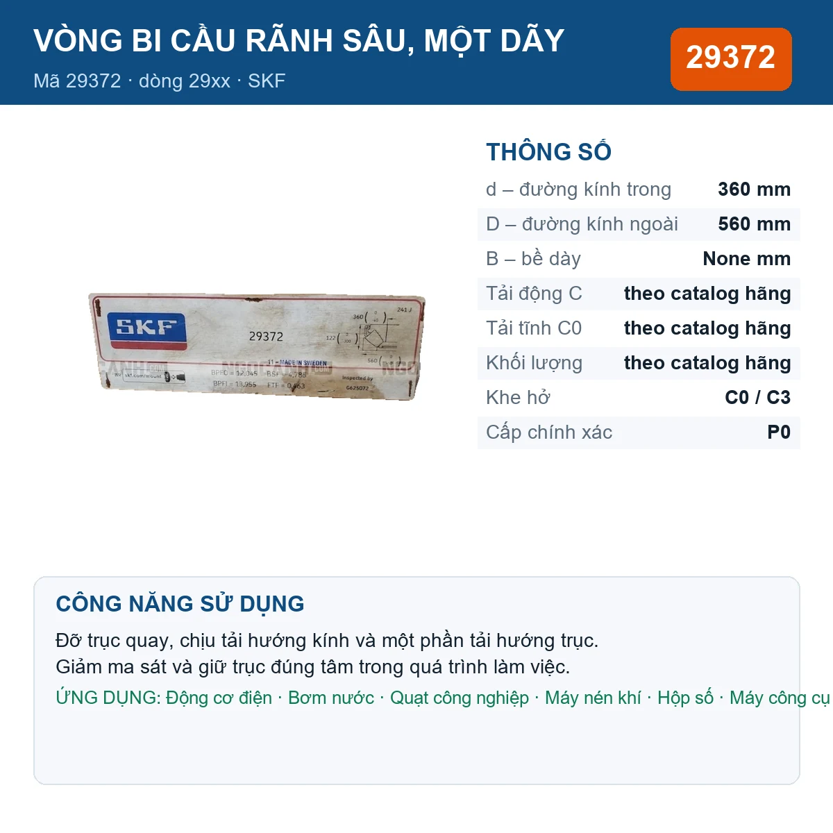 Vòng bi SKF 29372 360x560mm — Ảnh đăng sản phẩm (web)