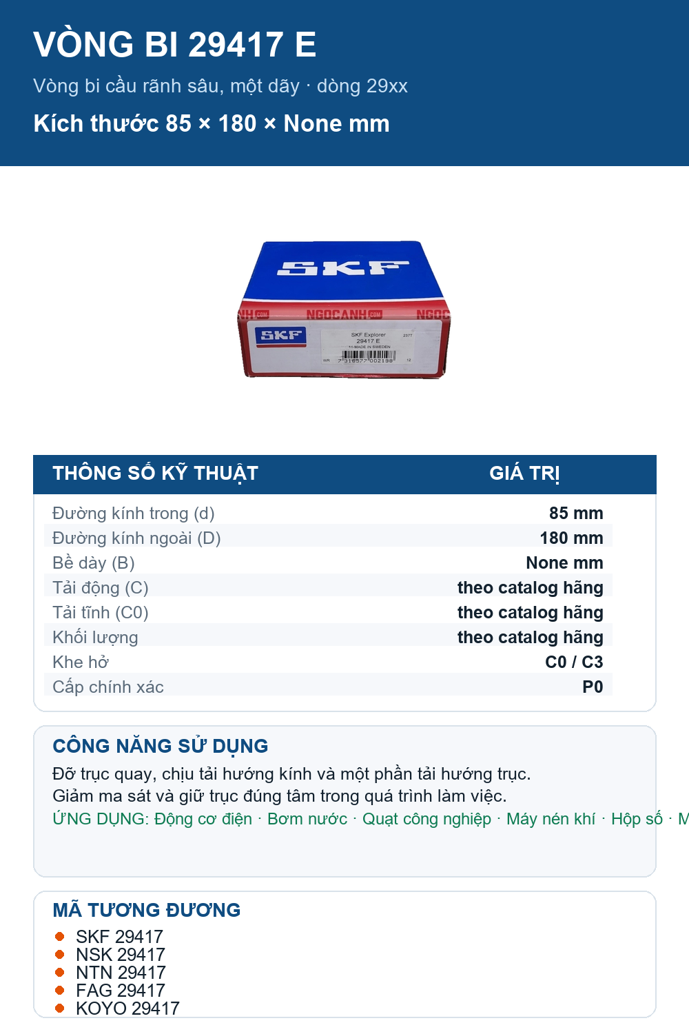 Vòng bi SKF 29417 E 85x180mm — Ảnh thông số (Pinterest)