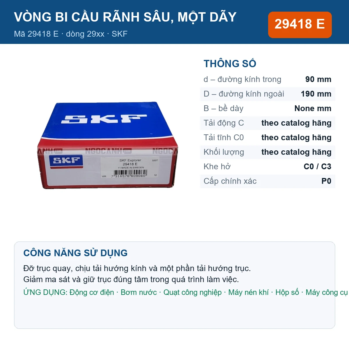 Vòng bi SKF 29418 E 90x190mm — Ảnh đăng sản phẩm (web)