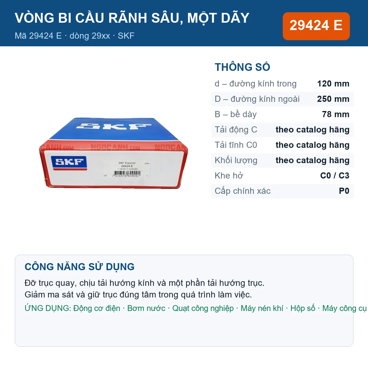 Vòng bi SKF 29424 E 120x250x78mm — Ảnh đăng sản phẩm (web)