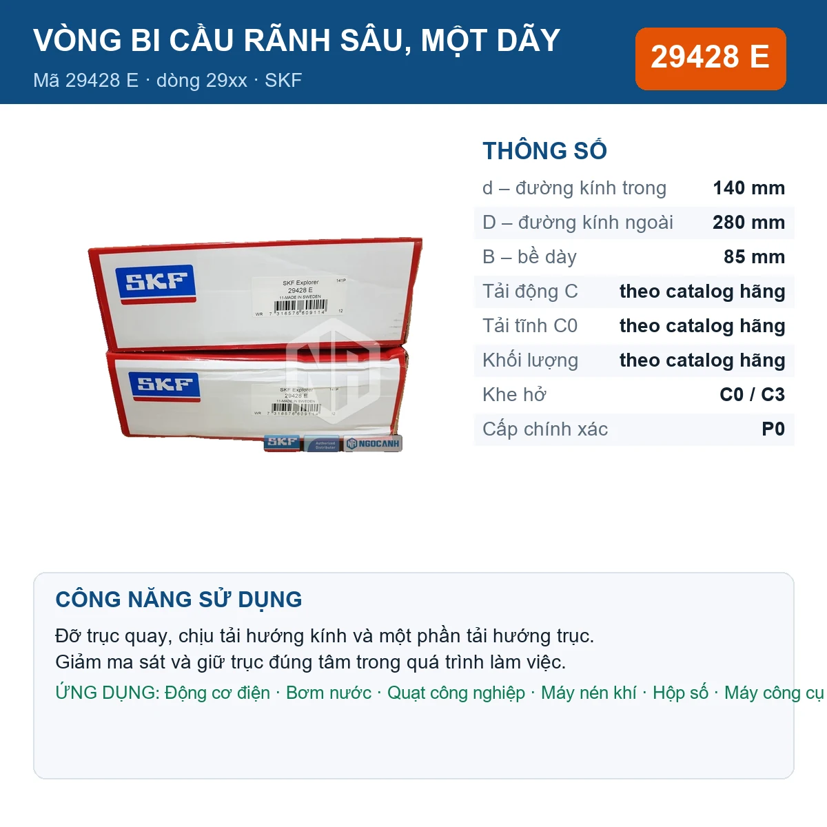 Vòng bi SKF 29428 E 140x280x85mm — Ảnh đăng sản phẩm (web)