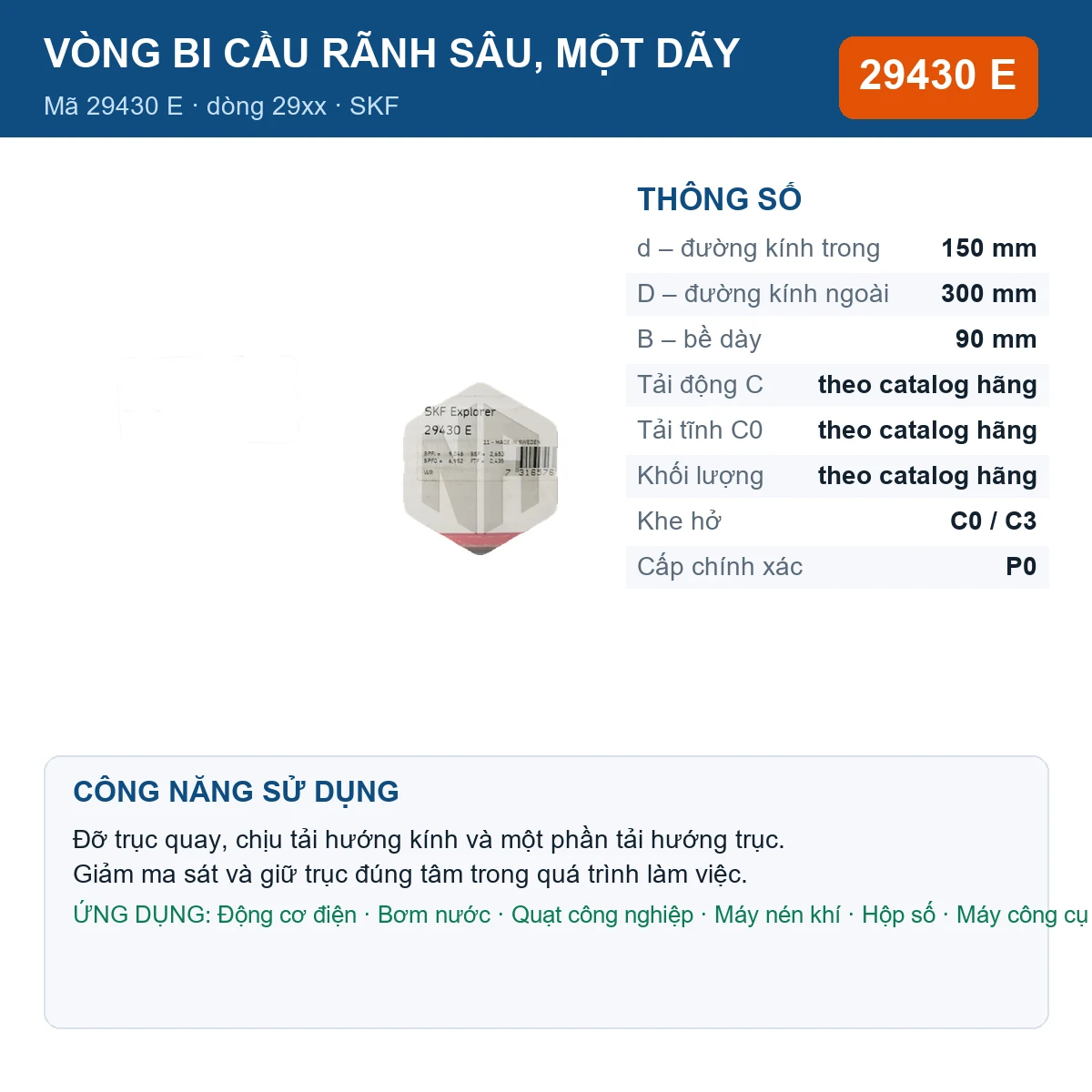 Vòng bi SKF 29430 E 150x300x90mm — Ảnh đăng sản phẩm (web)