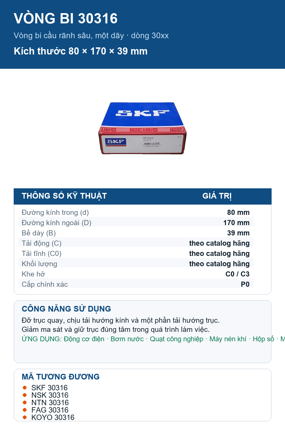 Vòng bi SKF 30316 80x170x39mm — Ảnh thông số (Pinterest)