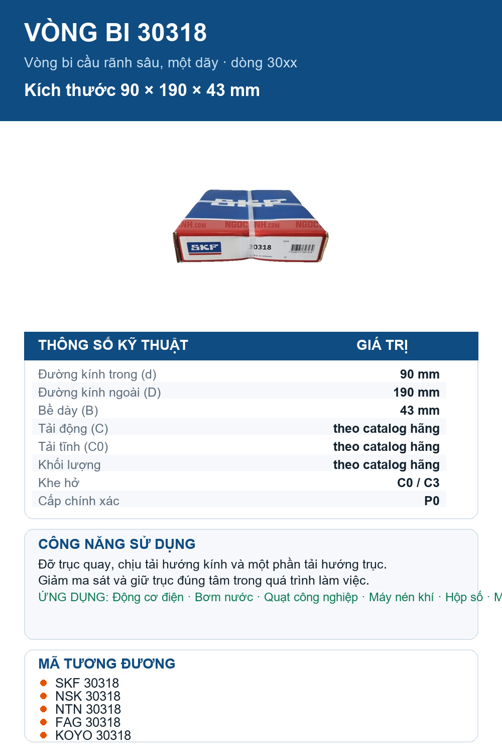 Vòng bi SKF 30318 90x190x43mm — Ảnh thông số (Pinterest)