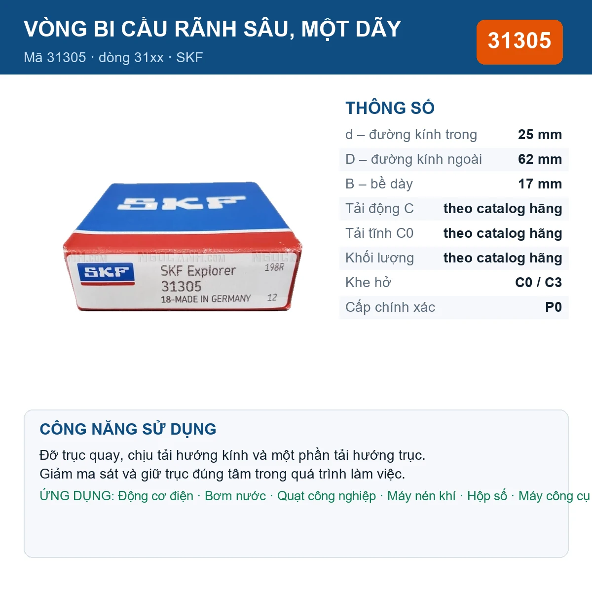 Vòng bi SKF 31305 — kích thước 25x62x17mm