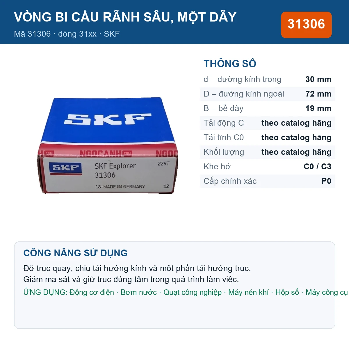 Vòng bi SKF 31306 — kích thước 30x72x19mm