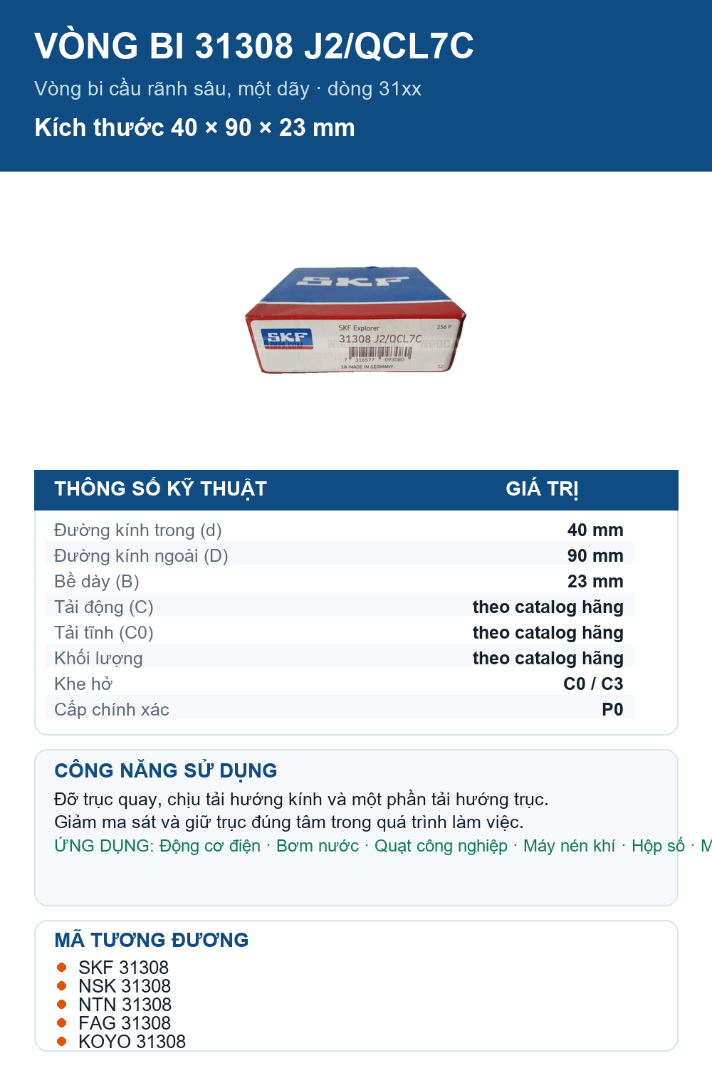 Vòng bi SKF 31308 J2/QCL7C 40x90x23mm — Ảnh thông số (Pinterest)