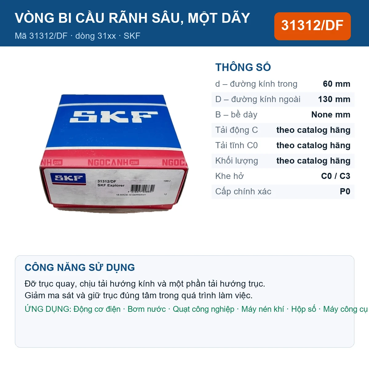 Vòng bi SKF 31312/DF — kích thước 60x130mm