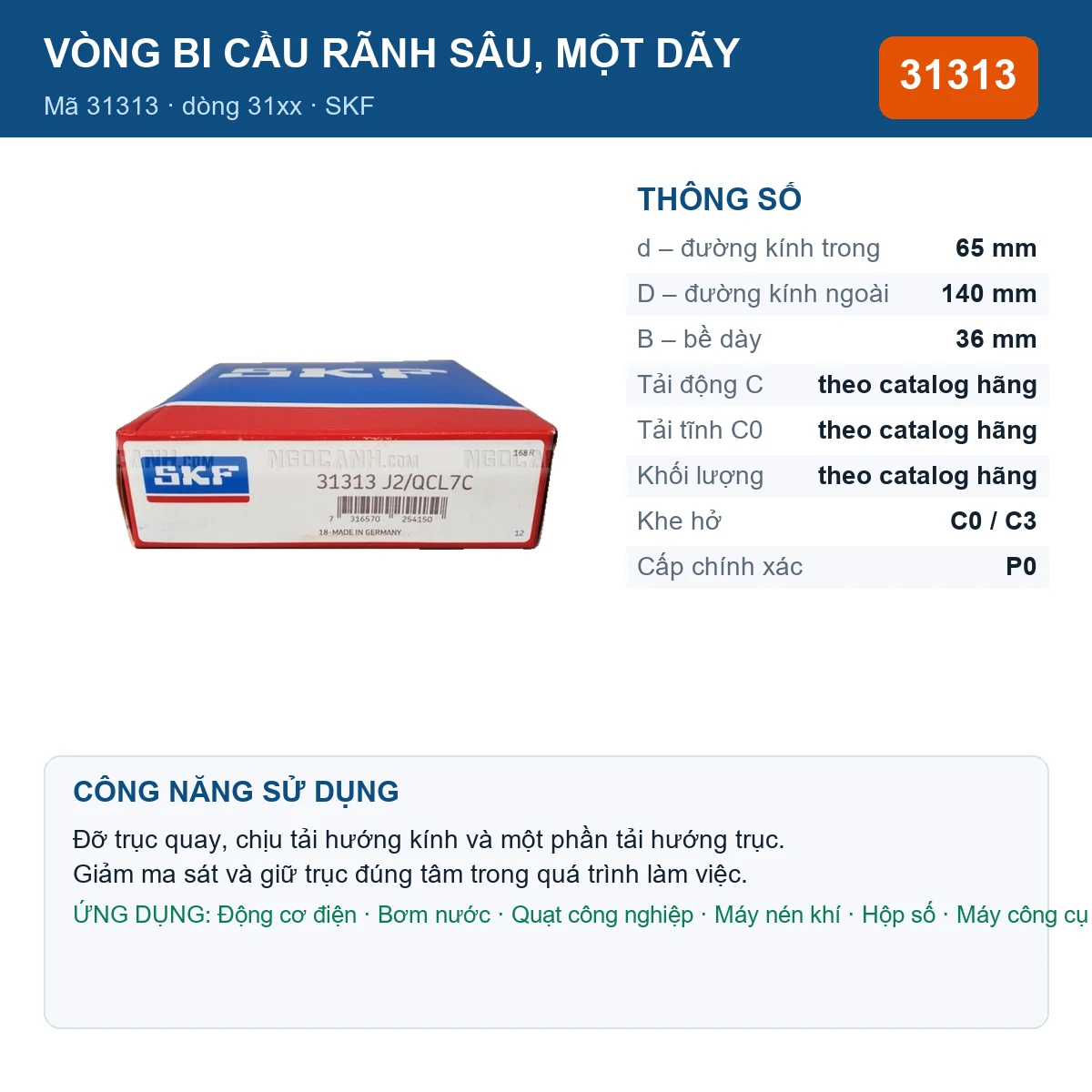 Vòng bi SKF 31313 — kích thước 65x140x36mm